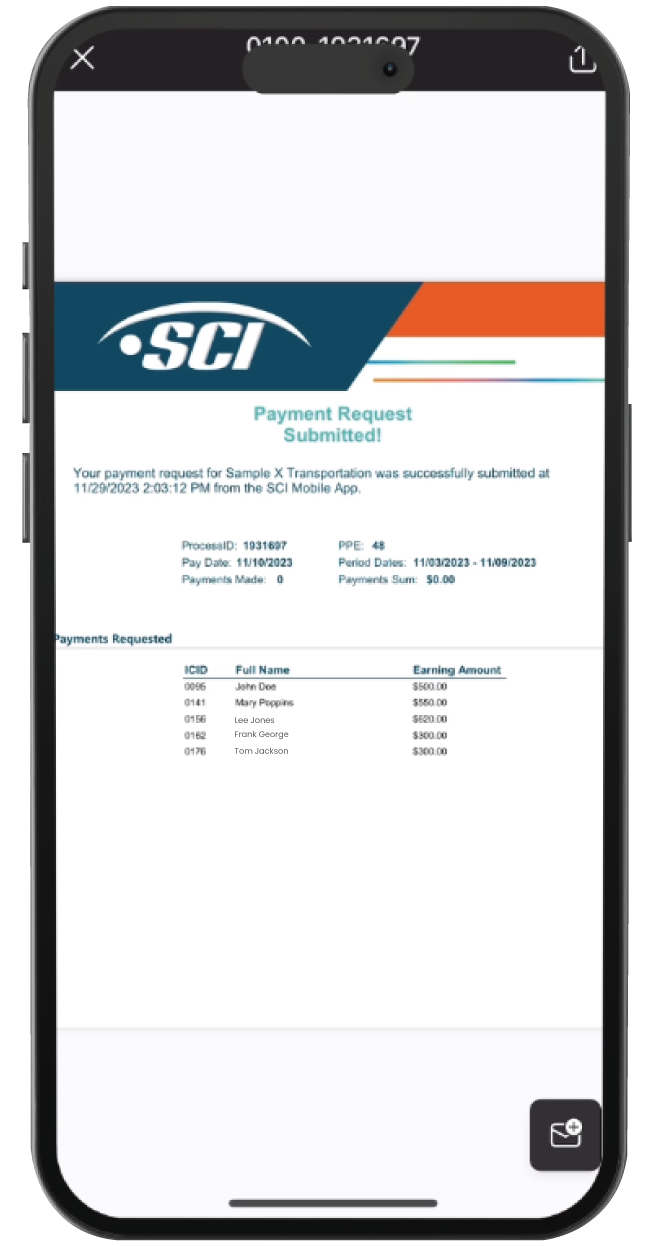 Image of mobile device with the SCI mobile app, showing screen after payment has been submitted to subcontractor.